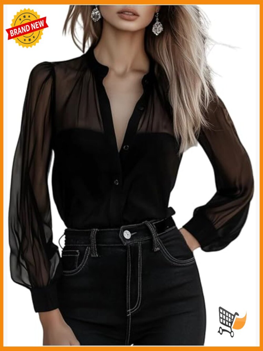 Women's Sheer Button Up Blouse Mesh Long Sleeve Business Casual Work Top
